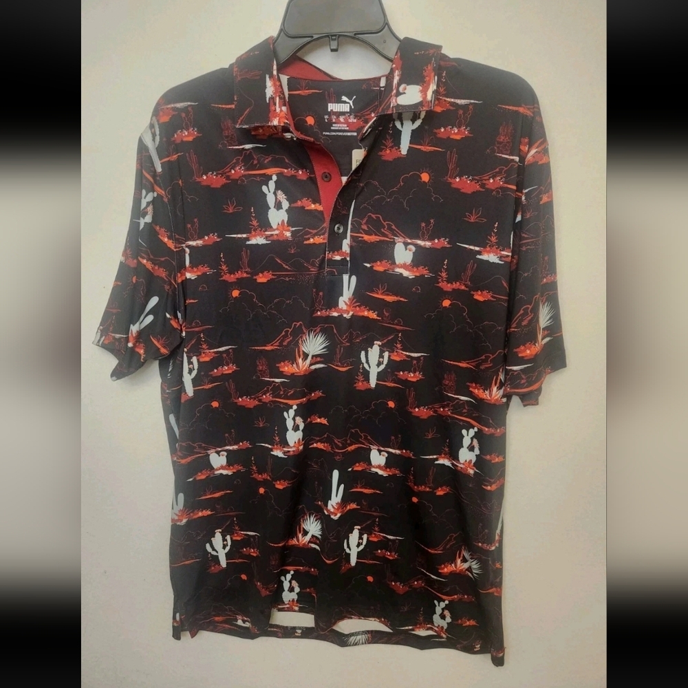NWT Puma  MATTR Bushland Golf Polo Black Red Mountains Desert Cactus Sz L